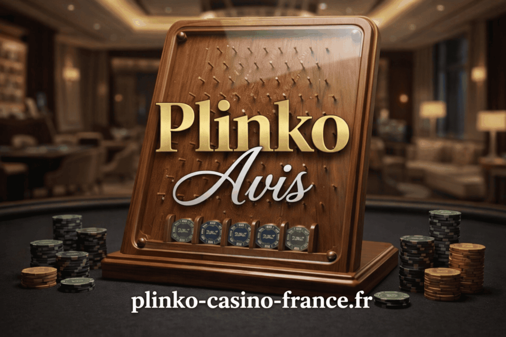 Image Plinko Avis avec plateau en bois style casino et jetons autour sur fond de salle de jeux avec texte plinko-casino-france.fr