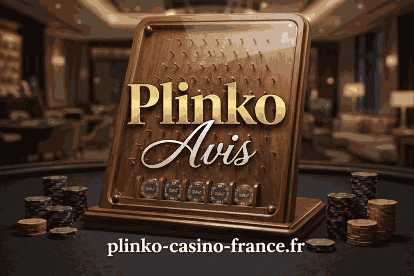 Image Plinko Avis avec plateau en bois style casino et jetons autour sur fond de salle de jeux avec texte plinko-casino-france.fr