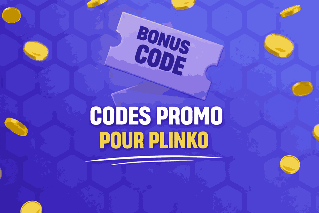 Graphique promotionnel avec codes promo pour Plinko sur fond bleu et pièces dorées