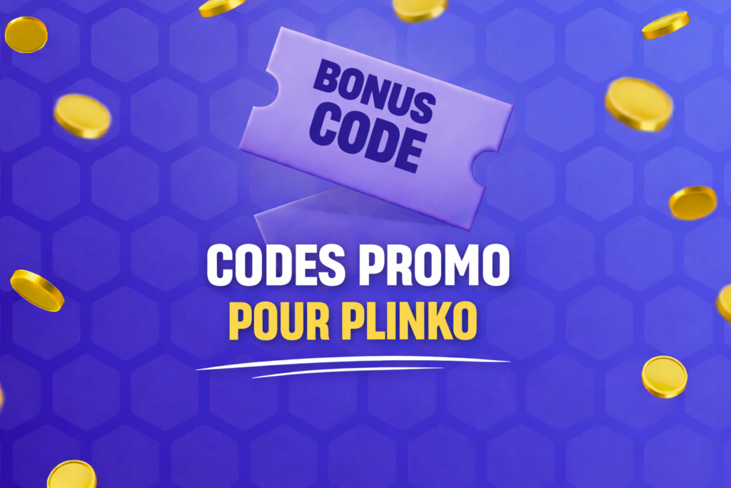 Bannière avec texte codes promo pour Plinko et bonus code sur un ticket avec des pièces qui tombent sur fond bleu