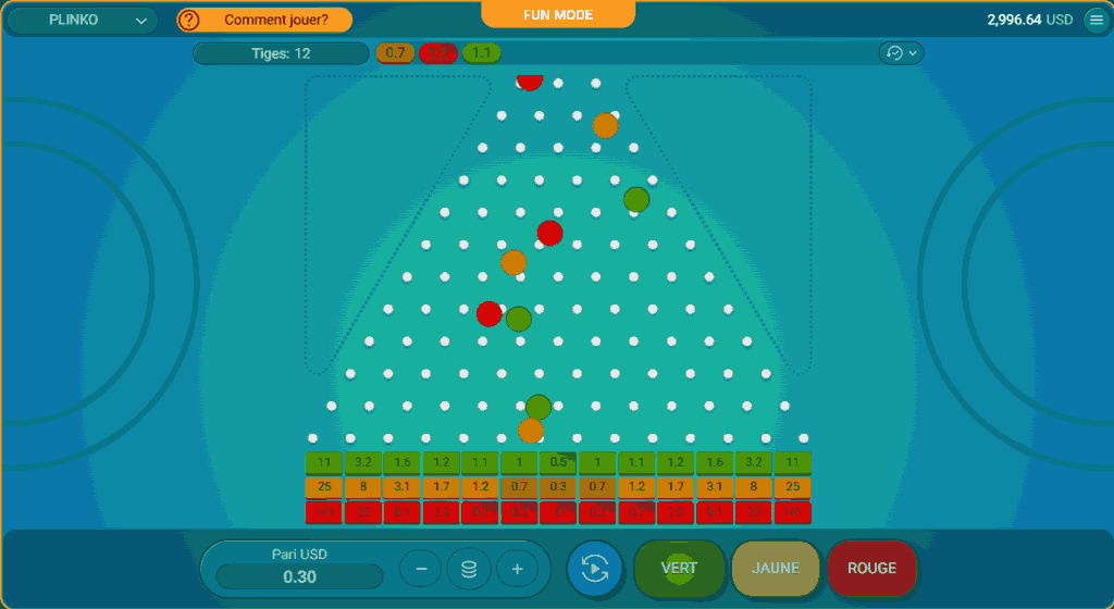Capture d’écran du jeu Plinko en mode fun avec plateau, billes colorées, multiplicateurs et boutons de mise
