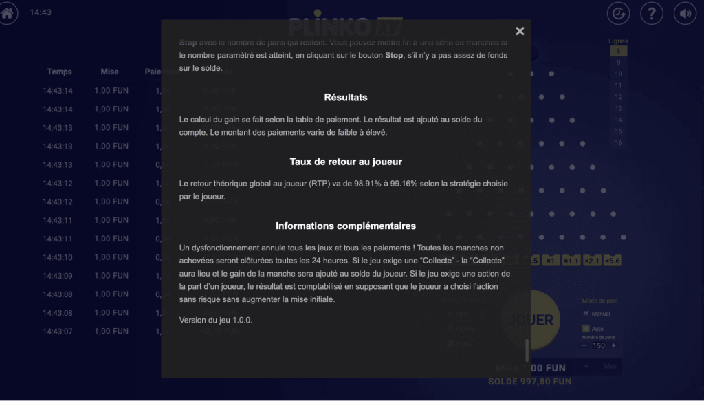 RTP et volatilité Plinko XY