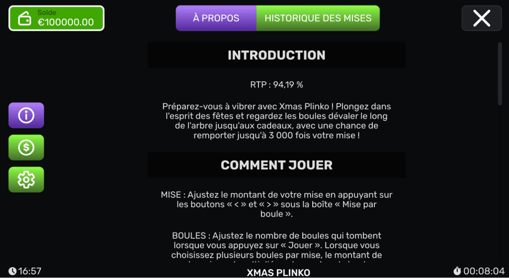 RTP et volatilité Plinko Xmas