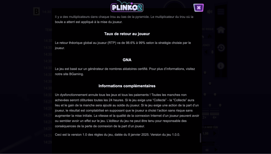 RTP et volatilité Plinko 2