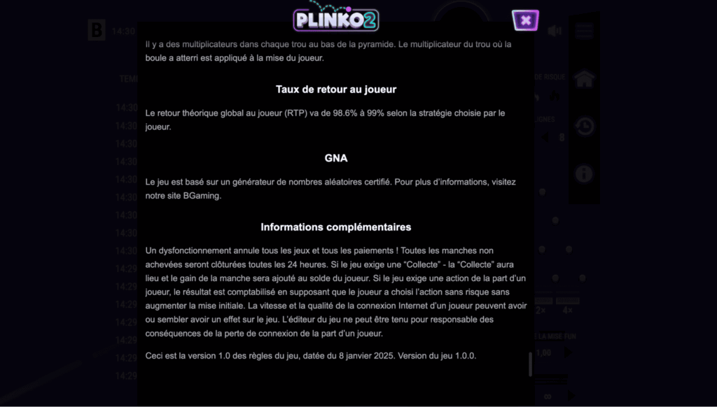 RTP et volatilité Plinko 2