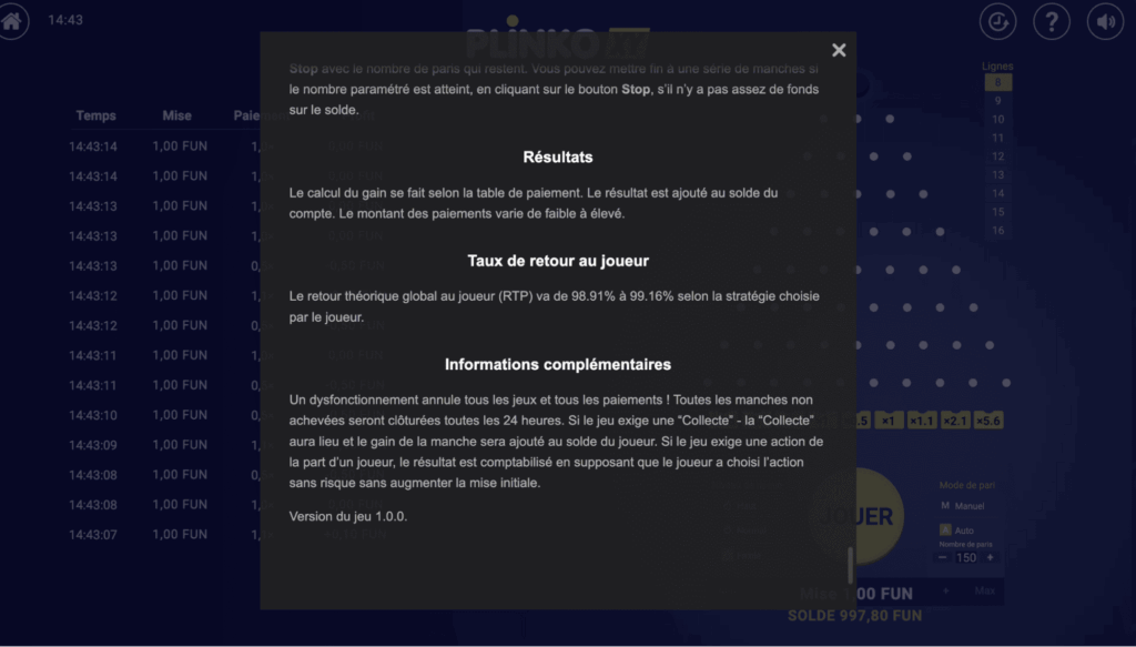 RTP et volatilité Plinko XY